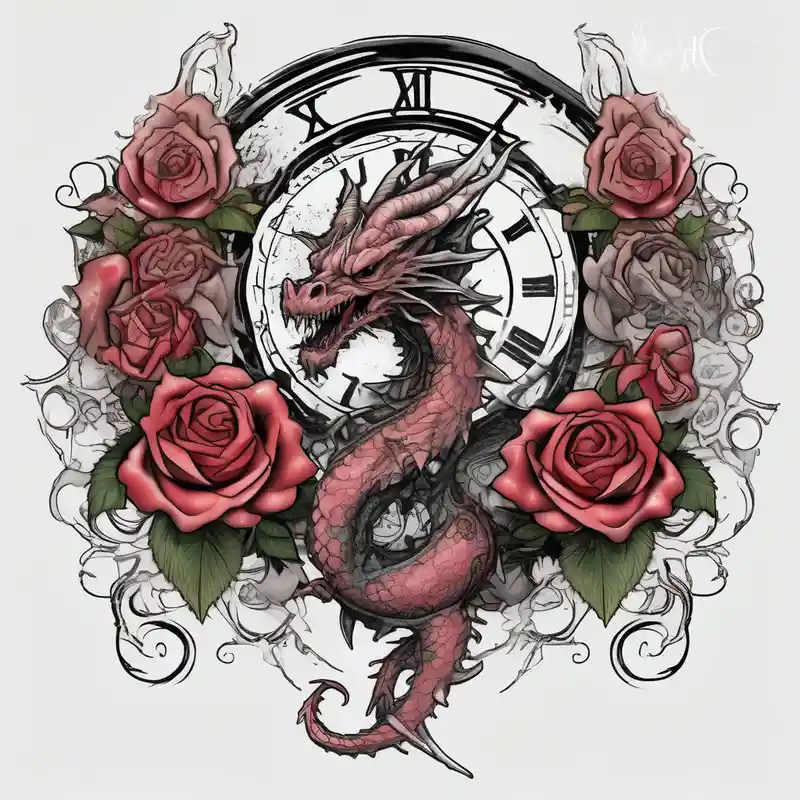 Horror dragon tattoo with cancer zodiac sign, roses and clock on background drake tattoos